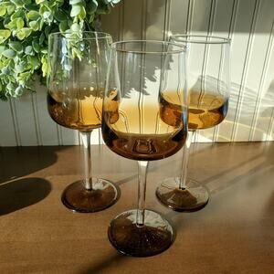 Vtg Pier 1 One Elemental Water Wine Goblets Clear Stem Amber Fade 16oz 3 Pc